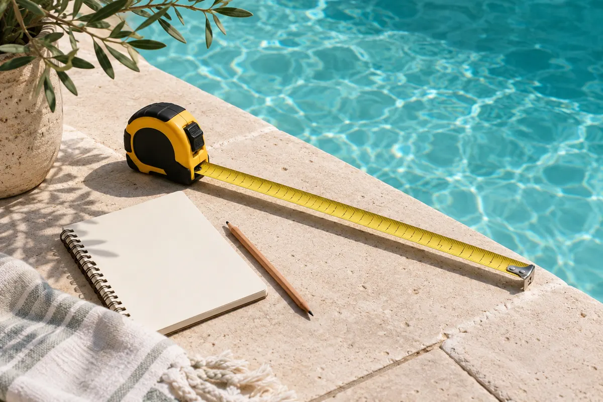 Mètre ruban et carnet posés sur la margelle pour mesurer la piscine