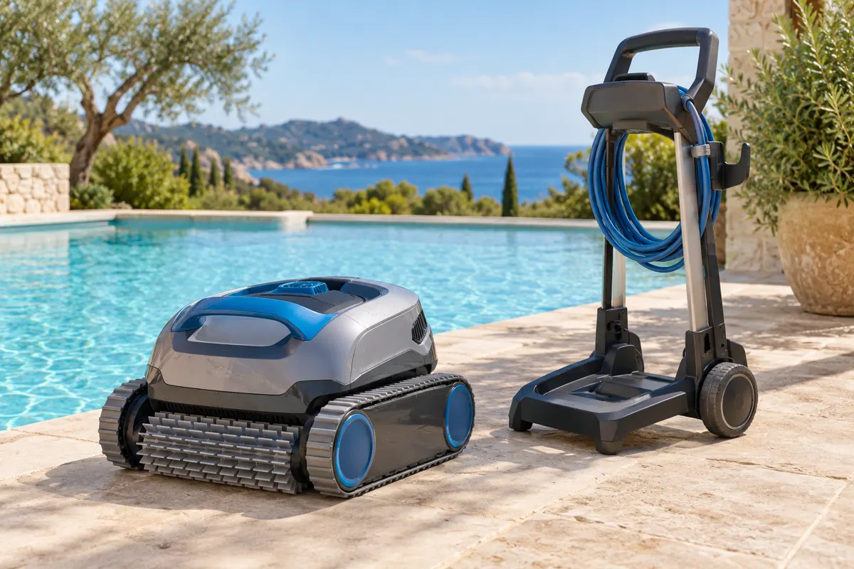 Robot nettoyeur de piscine posé sur la plage du bassin près de son chariot