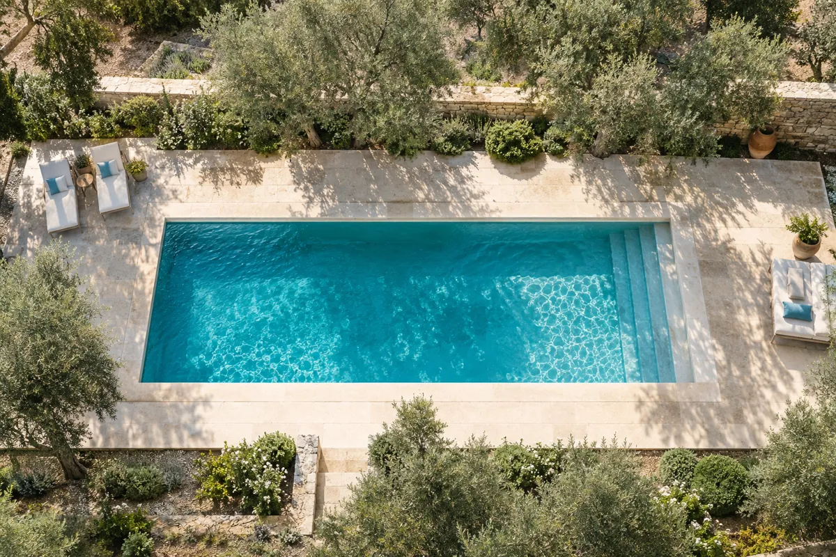 Vue aérienne d'une piscine rectangulaire enterrée dans un jardin méditerranéen bordé d'oliviers