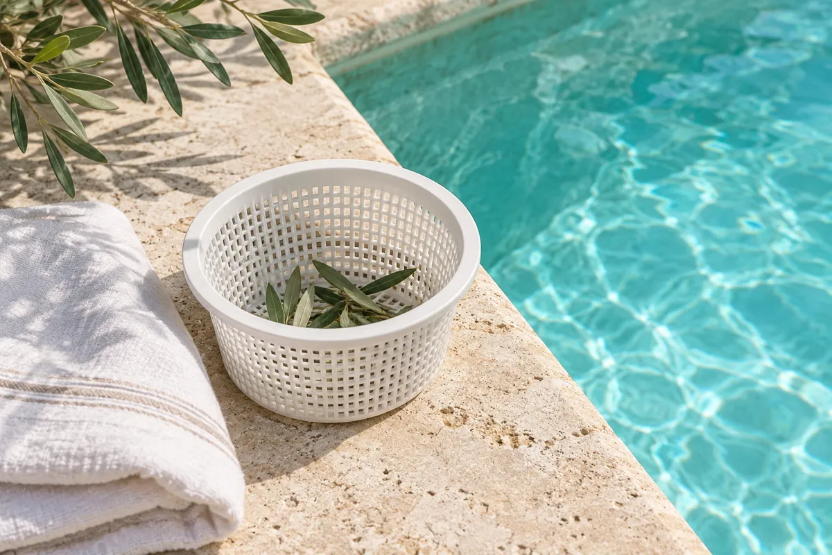 Panier de skimmer ouvert contenant quelques feuilles au bord d'une piscine, serviette en lin pliée
