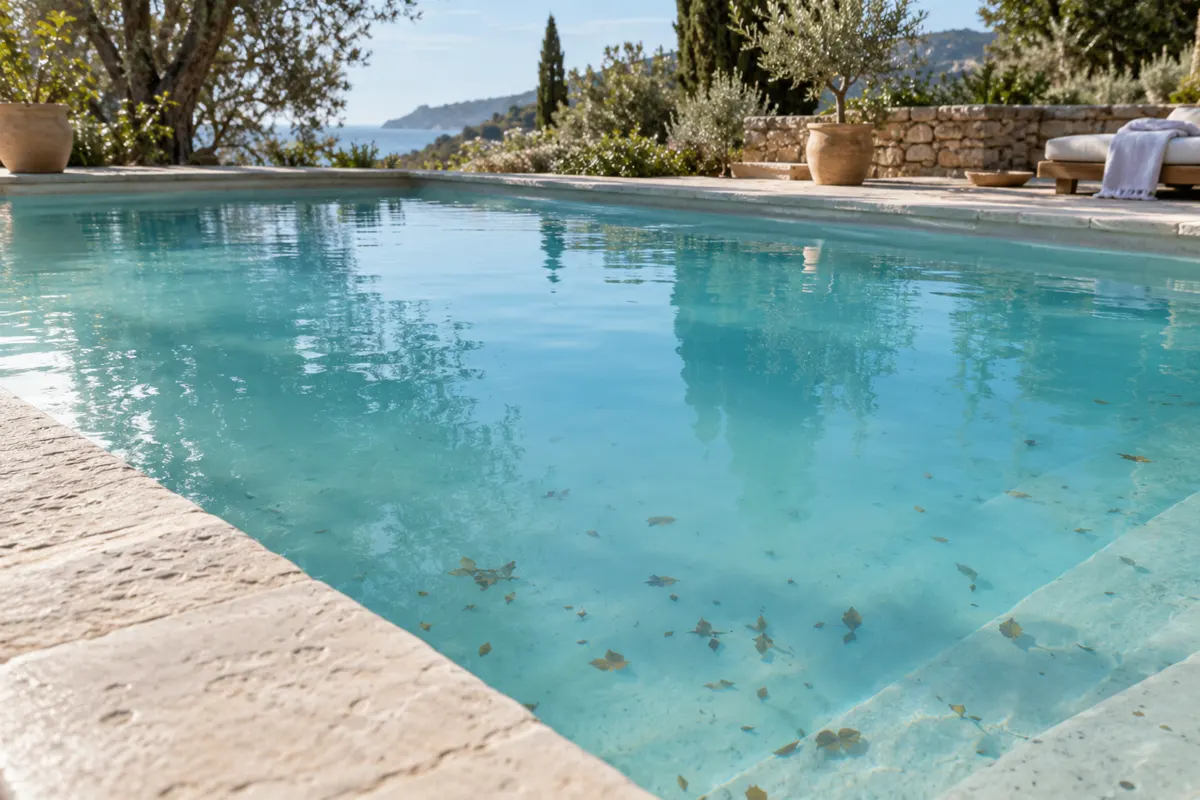 Piscine à remettre en service avec des feuilles au fond