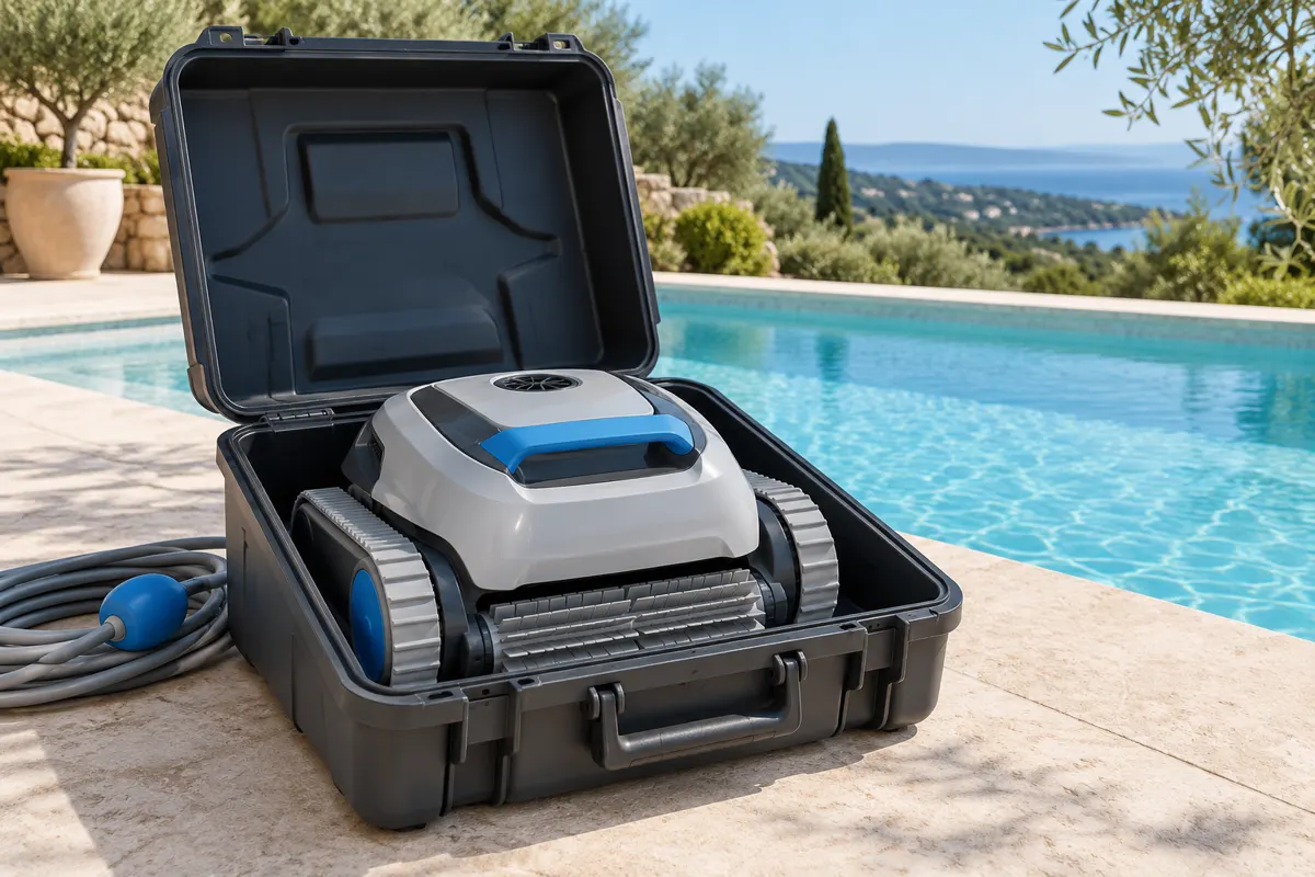 Robot de piscine dans sa caisse de transport près du bassin