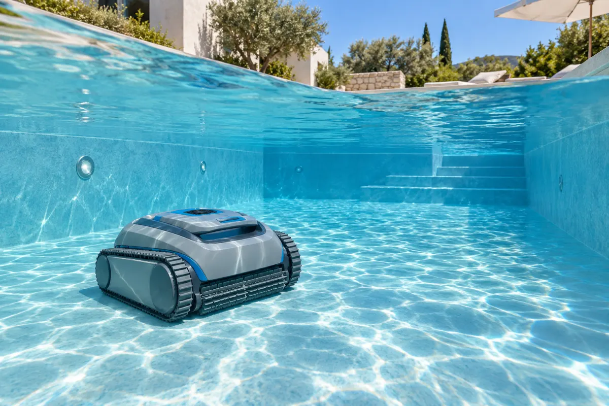 Robot de piscine au fond d'une grande piscine moderne