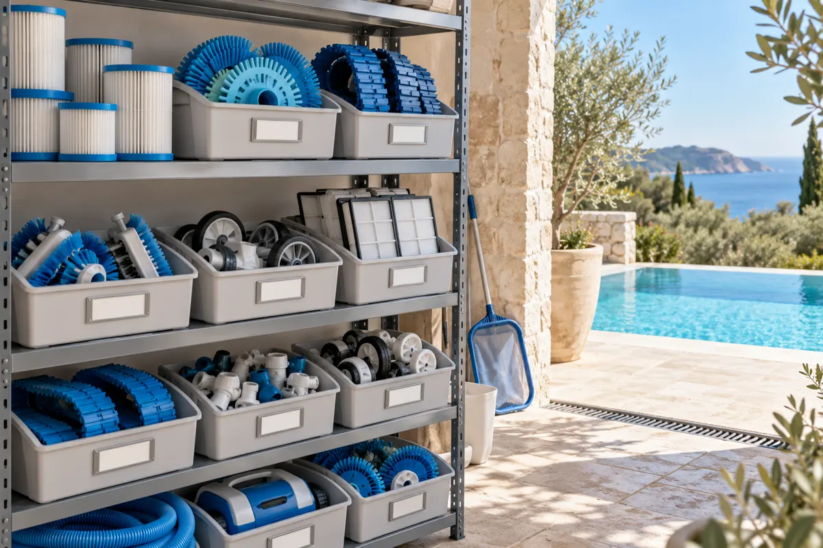 Pièces détachées de robot de piscine rangées dans des bacs