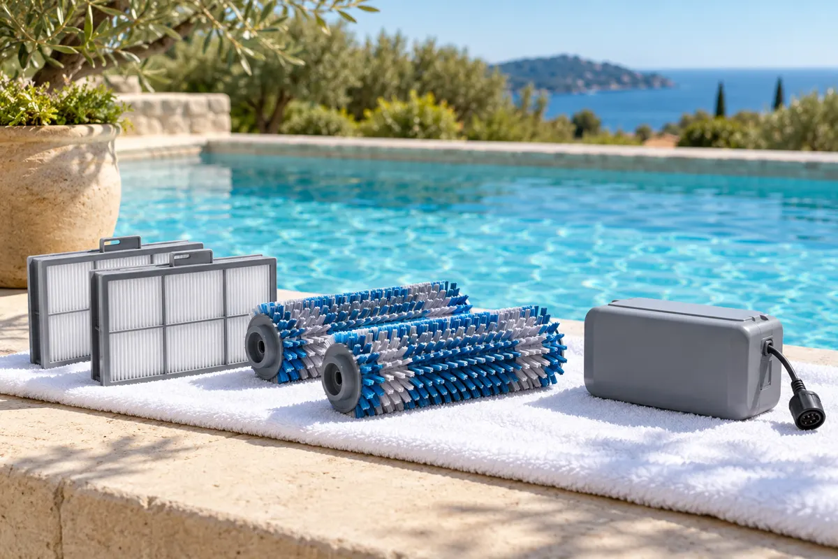 Pièces d'usure d'un robot de piscine alignées