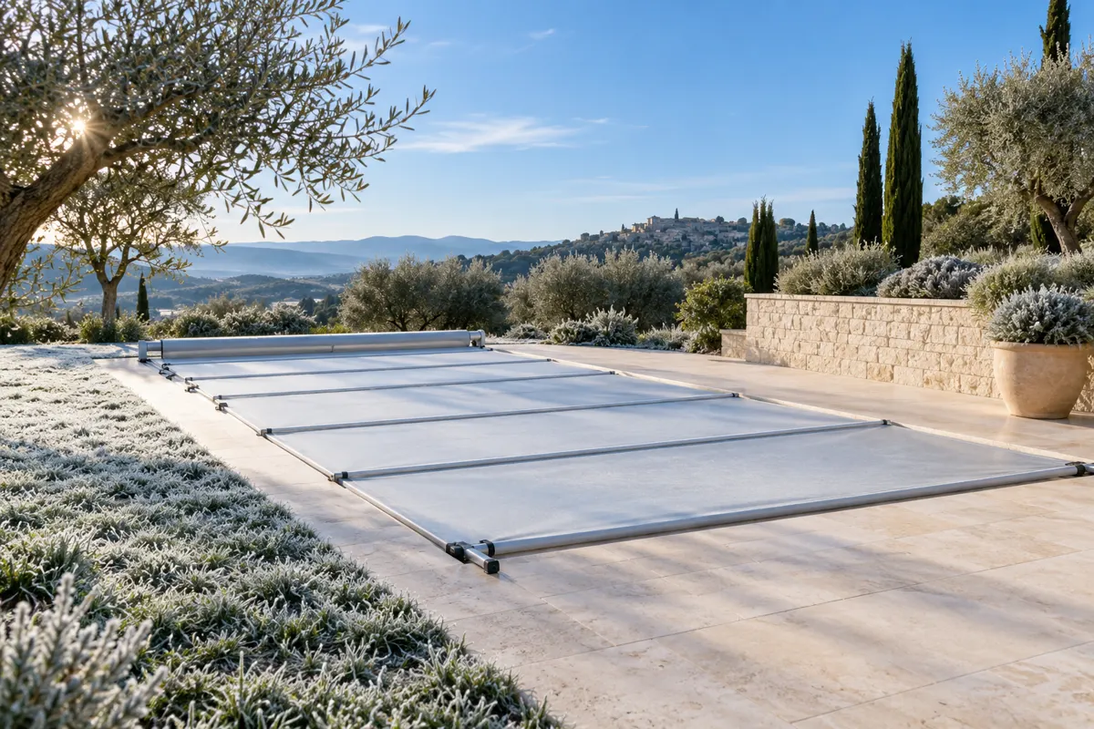 Piscine couverte de sa bâche en hiver