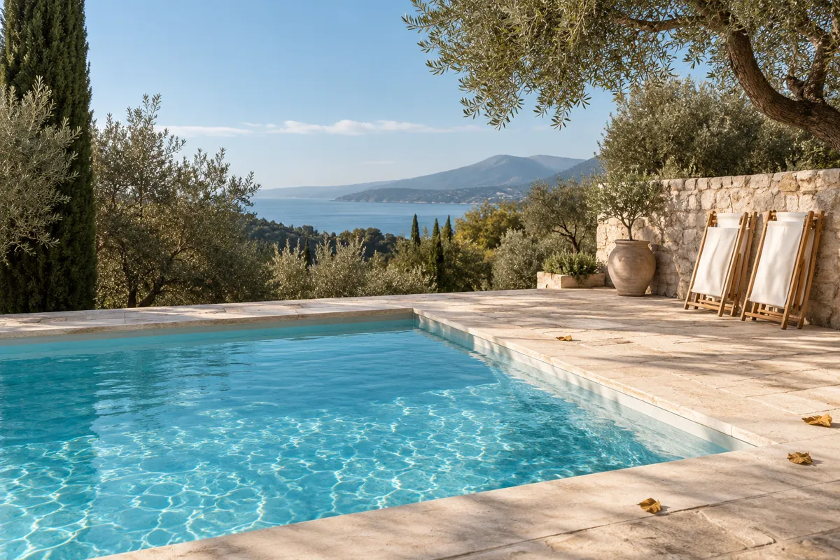 Piscine en fin de saison avec chaises longues repliées et feuilles dorées