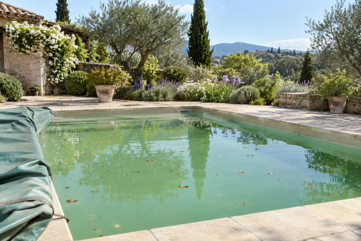 Piscine au printemps à la remise en service, eau encore trouble