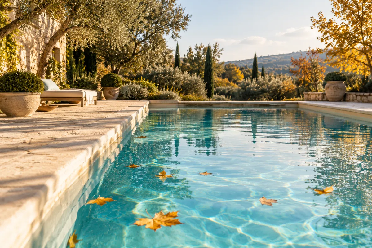 Piscine en automne avec quelques feuilles dorées à la surface, lumière rasante