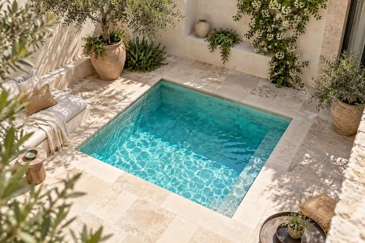 Petite piscine carrée dans un patio vue d'en haut