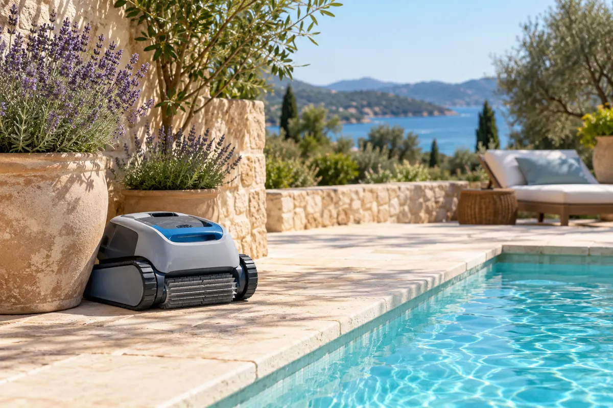 Robot de piscine compact rangé sur la terrasse