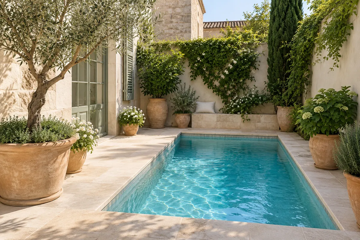Petite piscine de ville dans une cour pavée avec plantes en pot et olivier