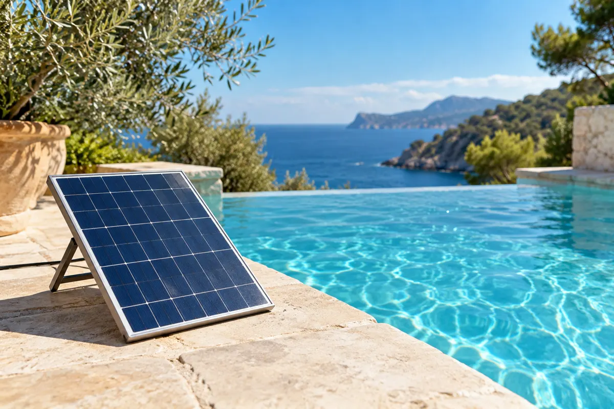 Petit panneau solaire au soleil au bord de la piscine