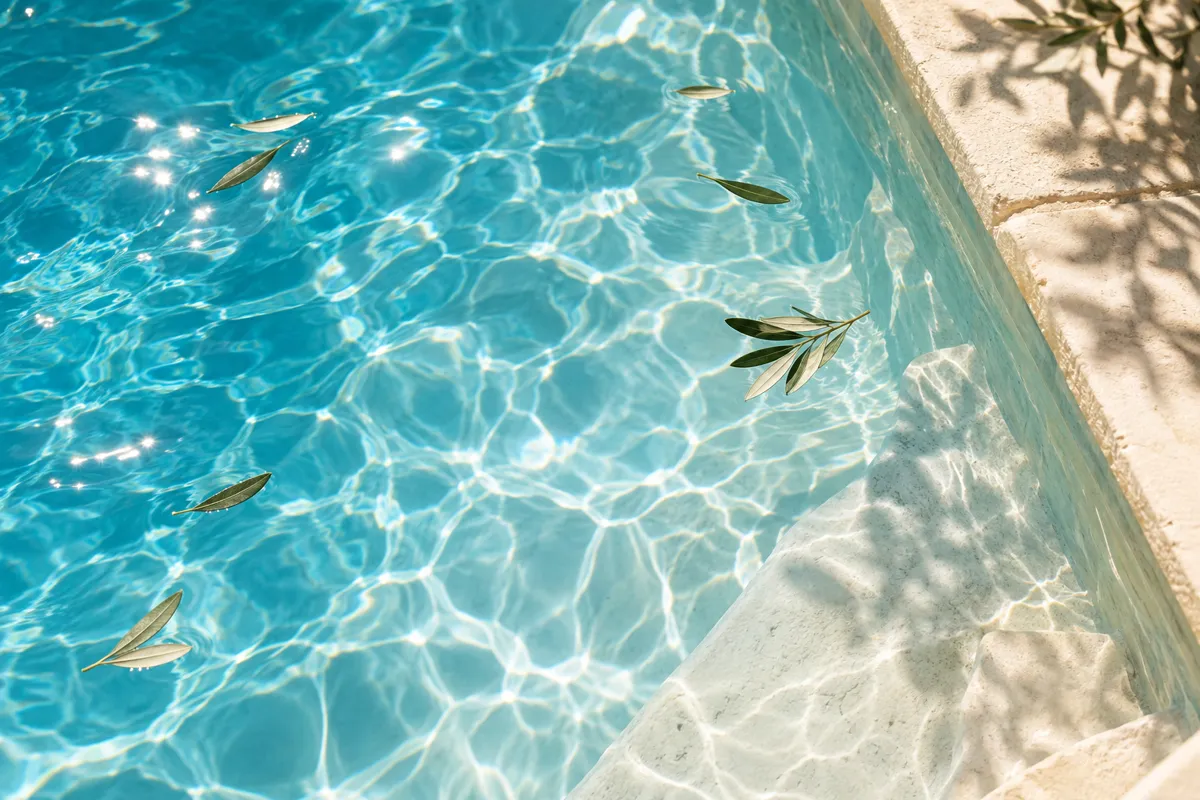 Feuilles d'olivier flottant à la surface turquoise d'une piscine ensoleillée
