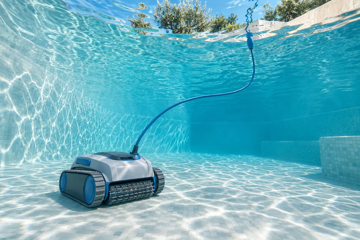 Robot électrique filaire au fond de la piscine avec son câble flottant