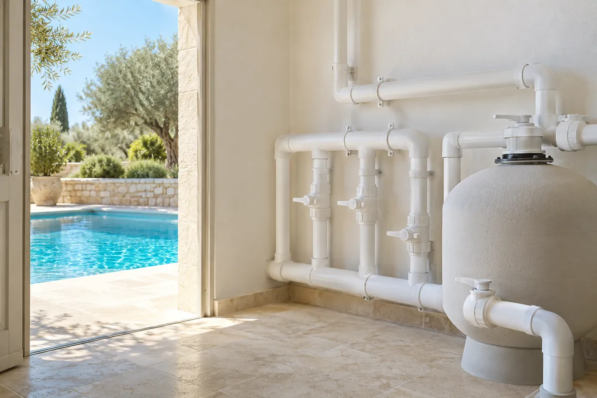 Local technique de piscine lumineux avec vannes et tuyaux blancs de filtration