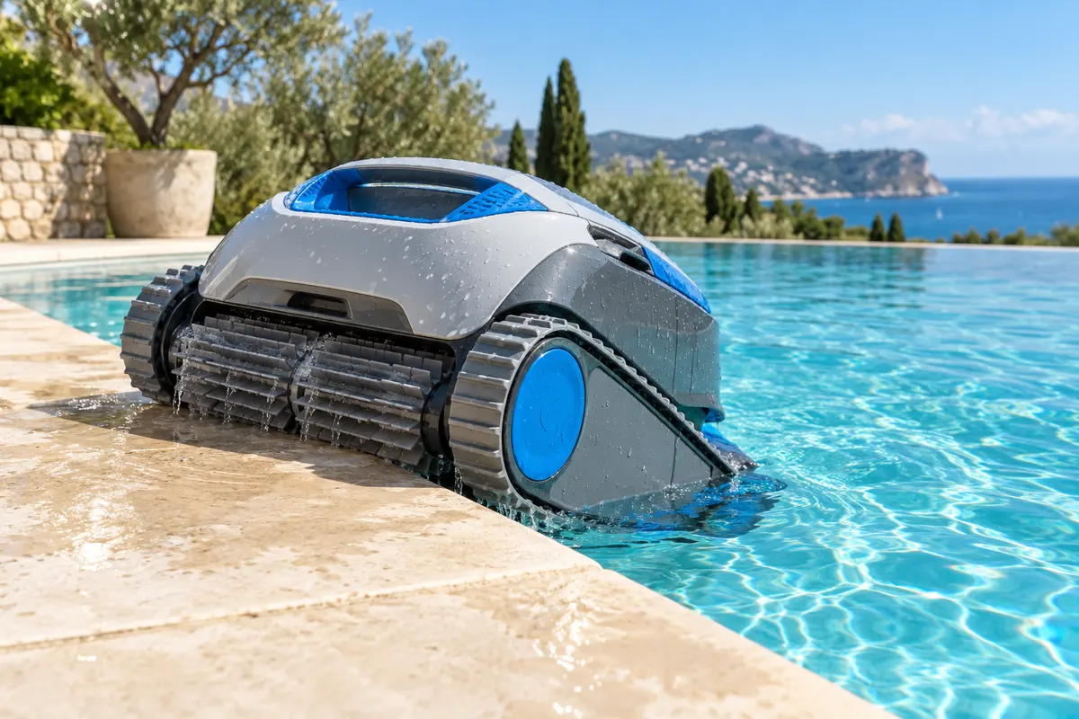 Robot de piscine sorti de l'eau pour vérification des chenilles