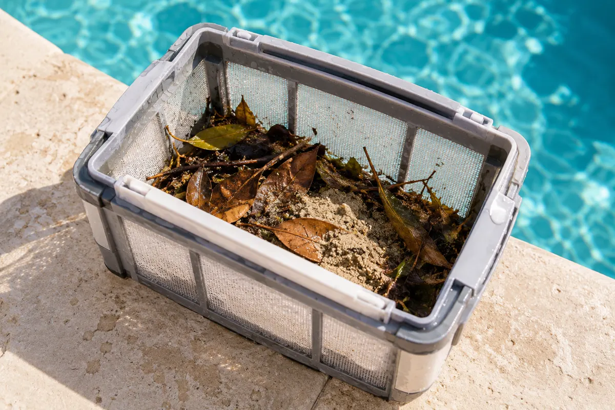 Panier filtrant colmaté par des feuilles et du sable