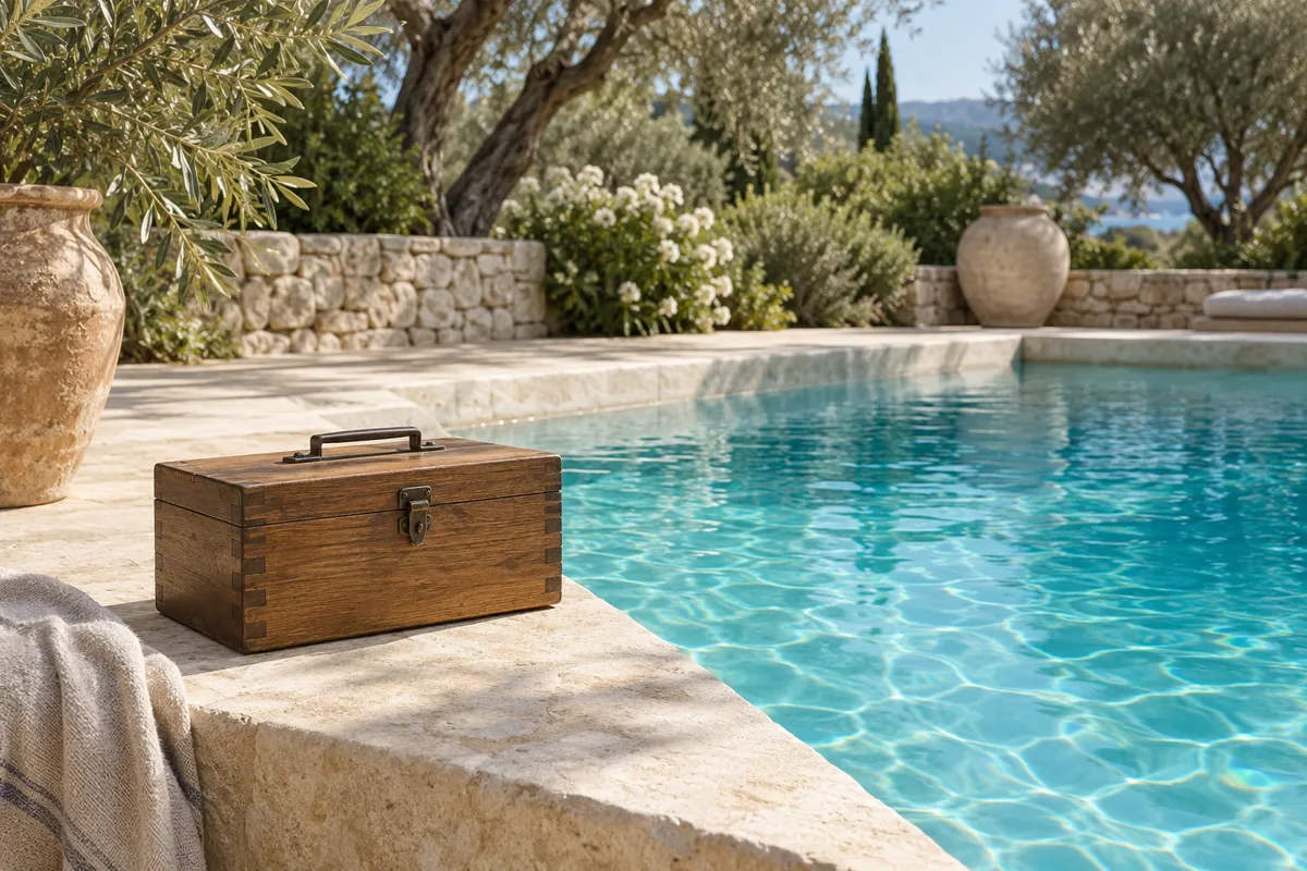 Boîte à outils en bois posée sur la margelle en pierre d'une piscine à l'eau calme