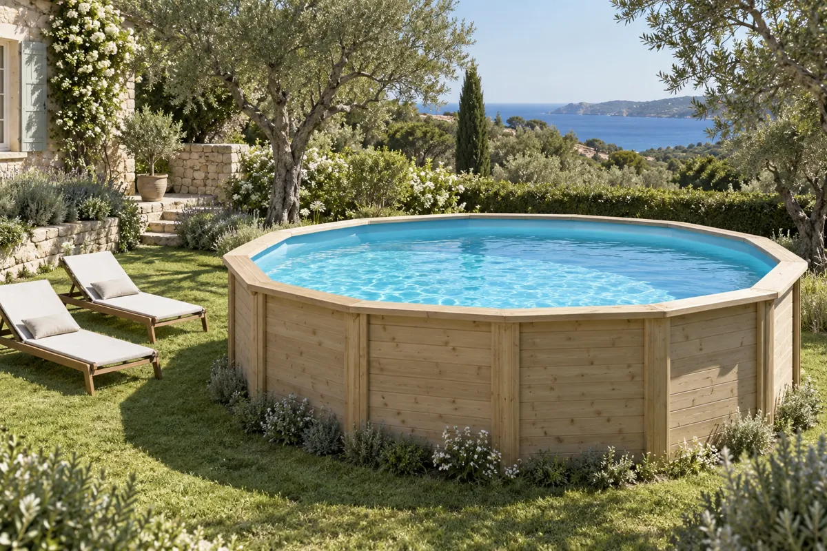 Piscine hors-sol en bois posée sur la pelouse d'un jardin familial, transats en lin à côté