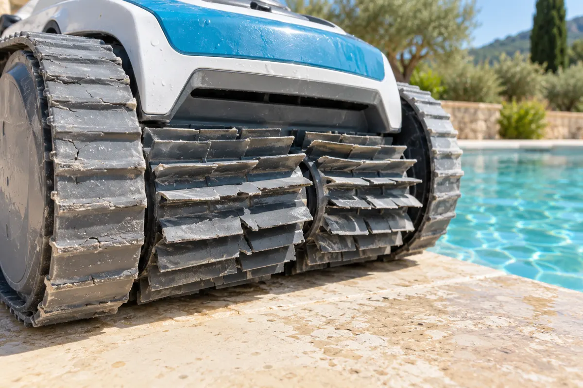 Chenilles et brosses usées d'un robot de piscine