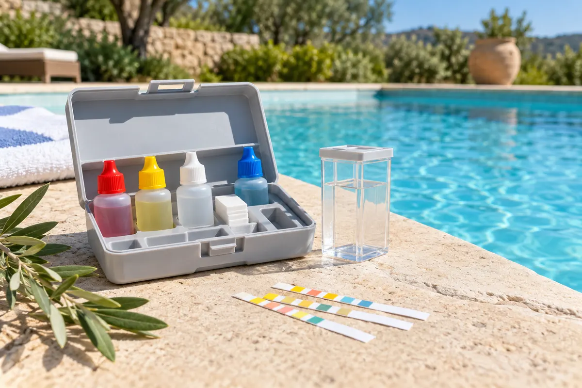 Trousse d'analyse de l'eau posée sur la margelle