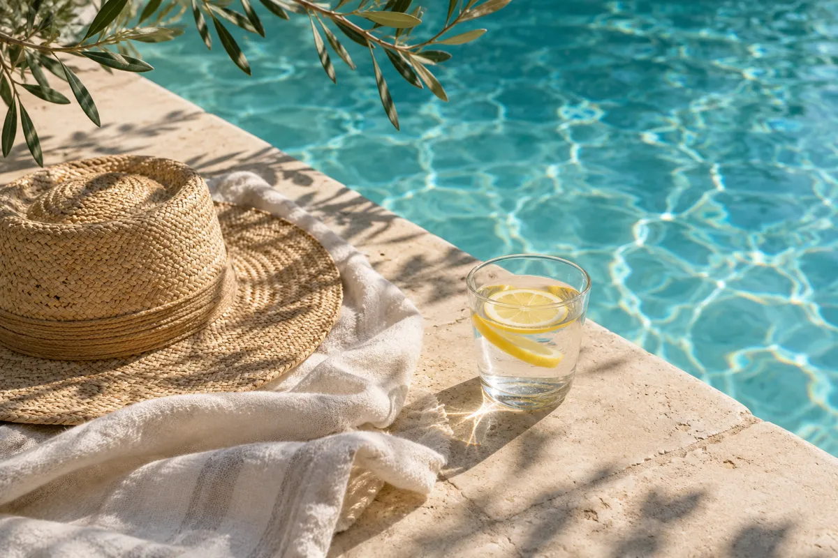 Serviette en lin, chapeau de paille et verre d'eau citronnée au bord d'une piscine