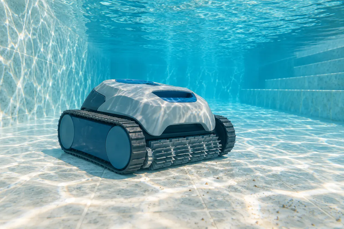 Robot de piscine sans fil au fond d'un bassin turquoise