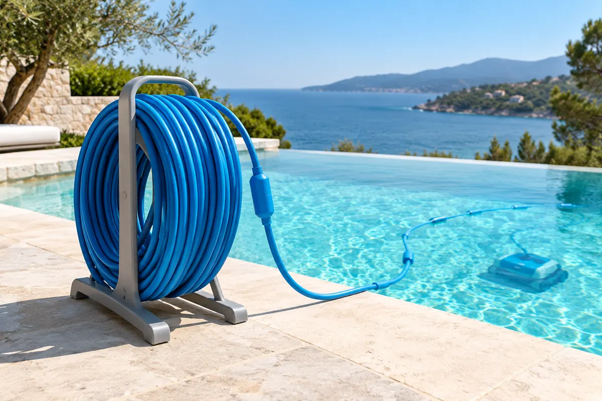 Câble de robot filaire enroulé près du bord de la piscine