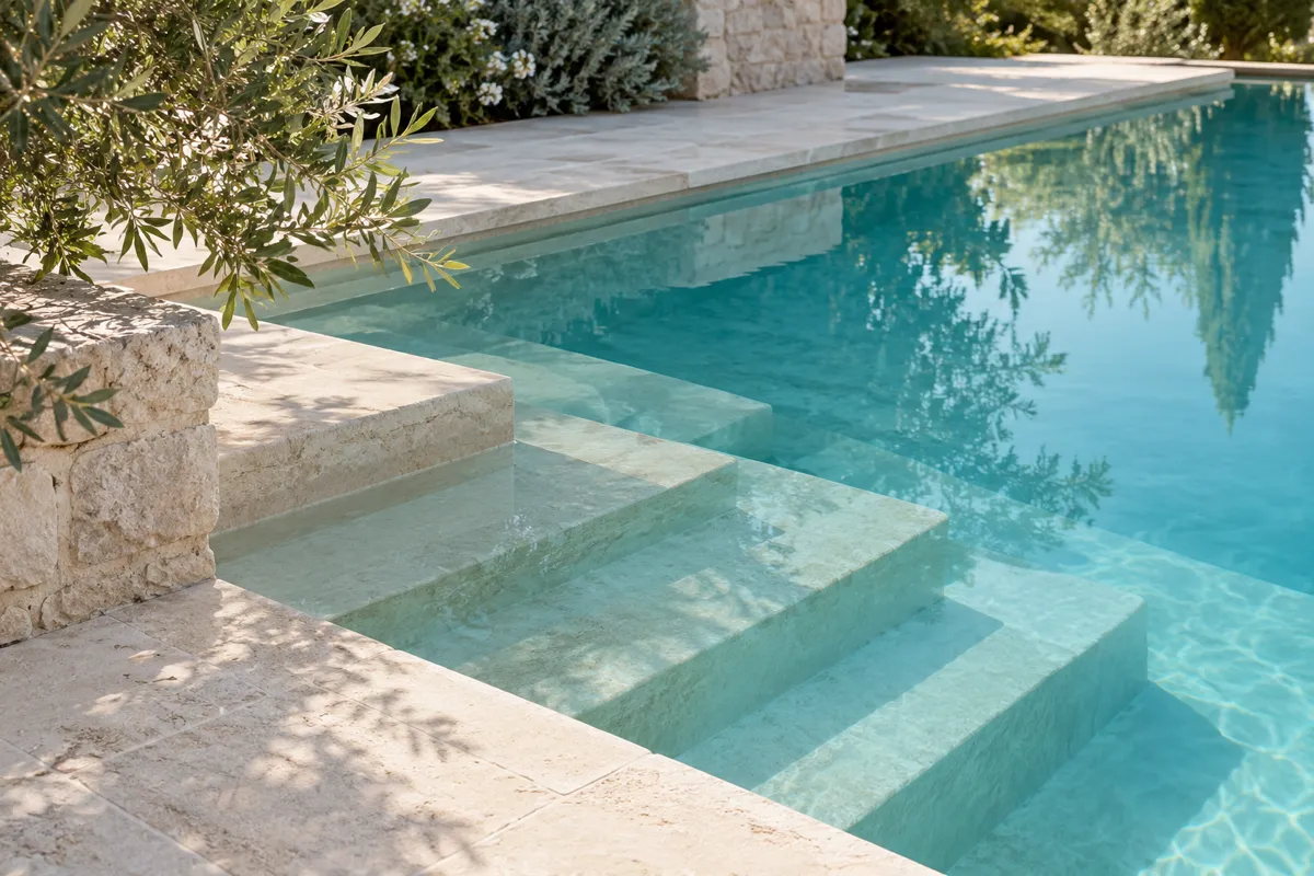 Angle d'une piscine au petit matin, eau calme et marches immergées en pierre claire