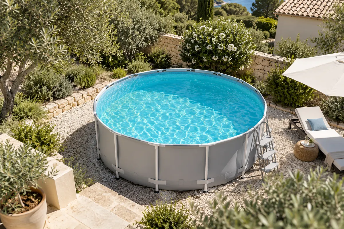 Piscine tubulaire ronde vue d'en haut dans un petit jardin
