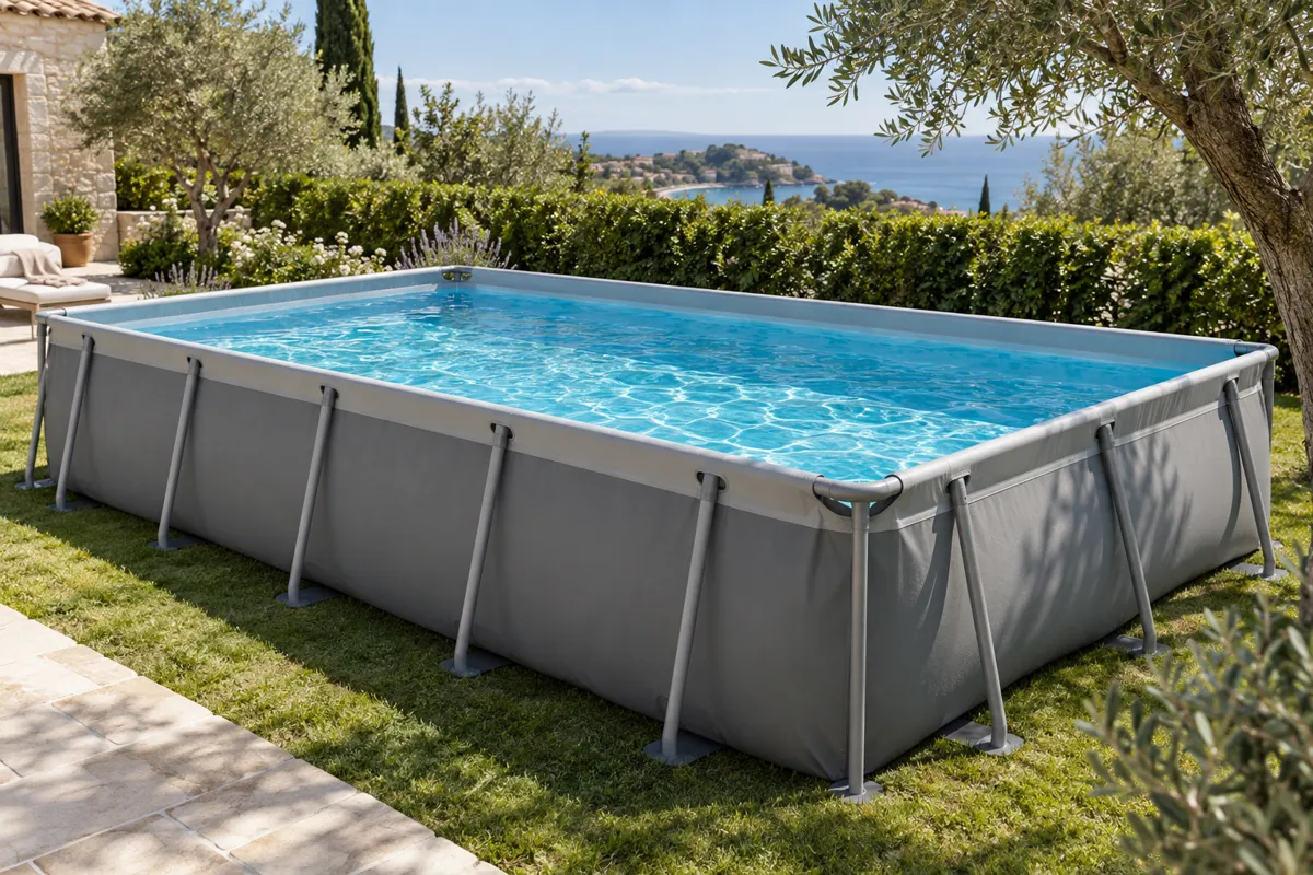 Piscine tubulaire rectangulaire grise installée sur la pelouse d'un jardin